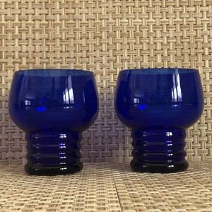 Vintage Cobalt Blue Pair Of Layered Ring Base Drinking Glasses